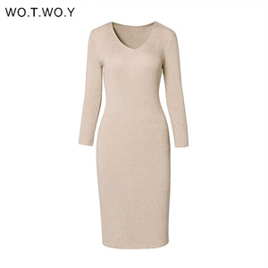 WOTWOY V-Neck Wrapped Knitted Dress Women Autumn Solid Sheath Sweater Dresses Women Knee-Length Bodycon Long Sweater Female New