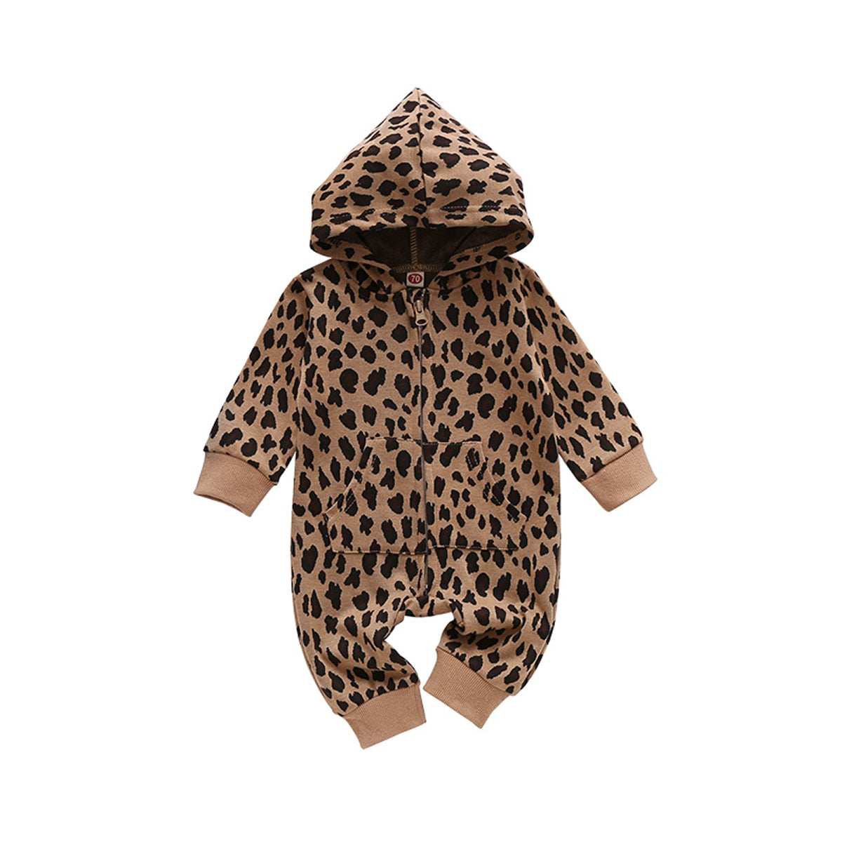 Infant Baby Girls Boys Leopard Print Hooded Romper Toddler Long Sleeve Front Pockets Jumpsuit Baby Loose Playsuit