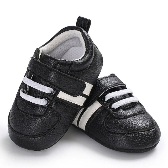 2020 Baby Shoes Newborn Boys Girls Two Striped First Walkers Kids Toddlers Lace Up PU Leather Soft Soles Sneakers 0-18 Months