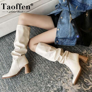 Taoffen Size 34-43 2021 INS Women Knee High Heel Boots Lady Riding Botas Warm Winter Shoes Women Sexy Square Toe Casual Footwear