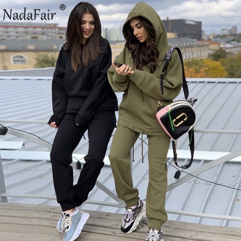 Nadafair Two Piece Set Outfits Autumn Women's Tracksuit Oversized Hoodie And Pants Casual Sport Suit Winter 2 Piece Woman Set