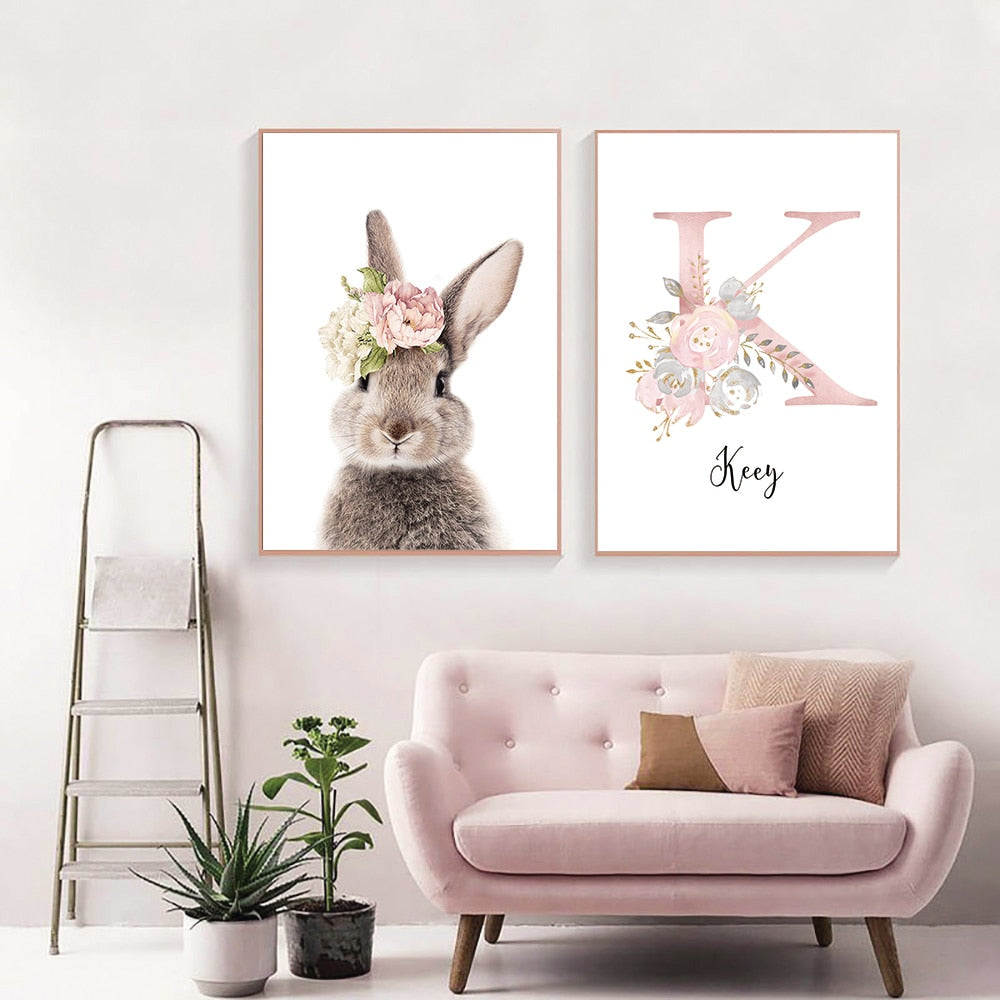 Rabbit Canvas Poster Nursery Wall Art Painting Girl's Custom Name Poster Pink Flower Print Nordic Wall Pictures Baby Room Decor