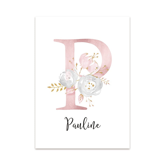 Rabbit Canvas Poster Nursery Wall Art Painting Girl's Custom Name Poster Pink Flower Print Nordic Wall Pictures Baby Room Decor