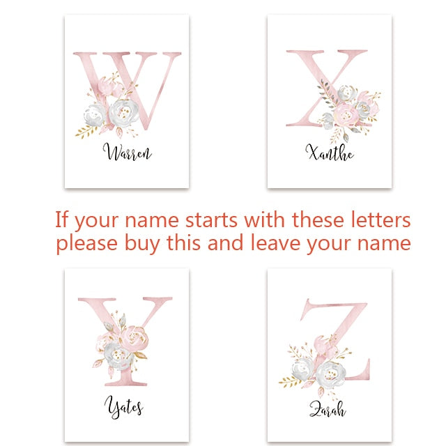 Rabbit Canvas Poster Nursery Wall Art Painting Girl's Custom Name Poster Pink Flower Print Nordic Wall Pictures Baby Room Decor