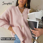 Simplee Casual v-neck knitted cardigan women Autumn winter lantern sleeve button female cardigan Fashion ladies oversize sweater