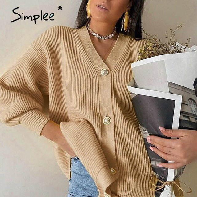 Simplee Casual v-neck knitted cardigan women Autumn winter lantern sleeve button female cardigan Fashion ladies oversize sweater