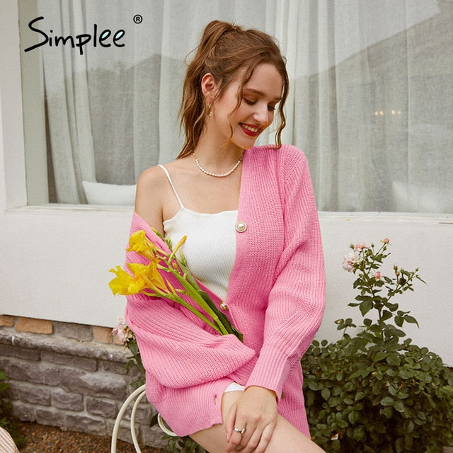 Simplee Casual v-neck knitted cardigan women Autumn winter lantern sleeve button female cardigan Fashion ladies oversize sweater