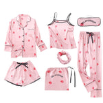 JULY'S SONG Pink Women's 7 Pieces Pajamas Sets Faux Silk Striped Pyjama Women Sleepwear Sets Spring Summer Autumn Homewear
