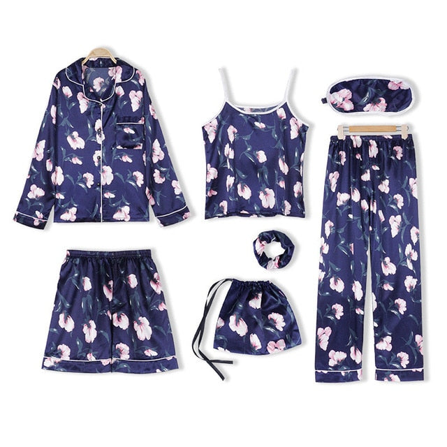 JULY'S SONG Pink Women's 7 Pieces Pajamas Sets Faux Silk Striped Pyjama Women Sleepwear Sets Spring Summer Autumn Homewear