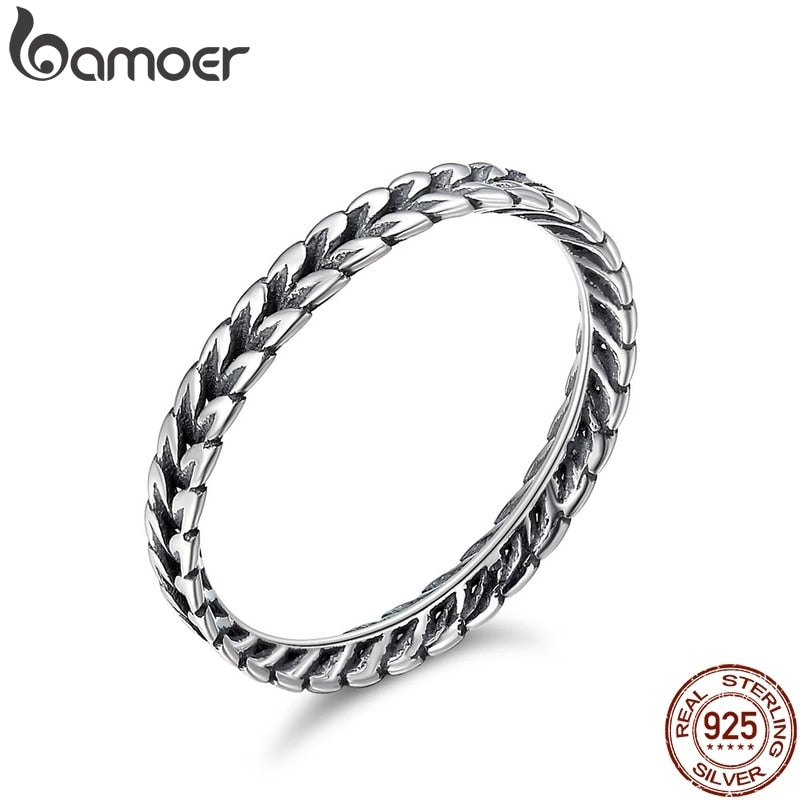 BAMOER Authentic 925 Sterling Silver Stackable Ring Wheat Shape Arrow Finger Ring Women Vintage Sterling Silver Jewelry SCR139