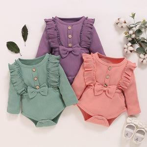 Toddler’s Spring Autumn Clothes Solid Color Ruffle Long Sleeves Ribbed Rompers with Bowknot for Baby Girl  0-18 Months