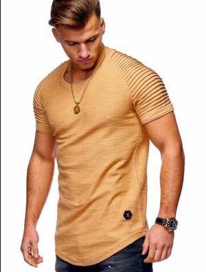Hot 2020 Solid Color Sleeve Pleated Patch Detail Long Sleeve T-Shirt Men Spring Casual Tops Pullovers Fashion Slim Basic Tops