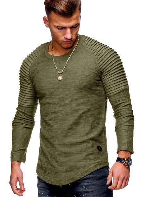 Hot 2020 Solid Color Sleeve Pleated Patch Detail Long Sleeve T-Shirt Men Spring Casual Tops Pullovers Fashion Slim Basic Tops