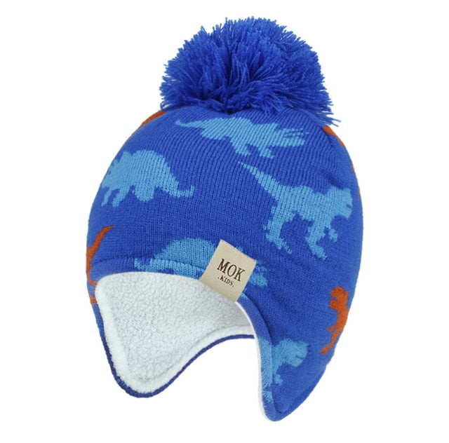 2020 Baby knitted Pompon hat New autumn and winter dinosaur jacquard boys and girls ear caps children's woollen hat H244S