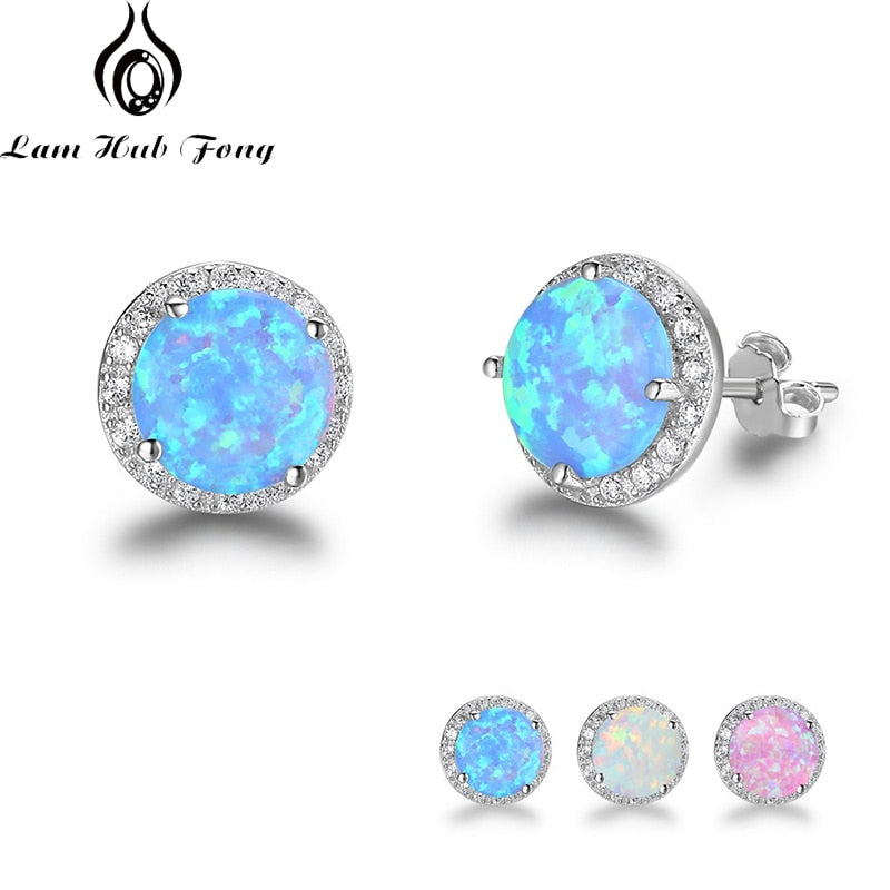 Classic 925 Sterling Silver Stud Earrings Round White Pink Blue Opal Earrings with Cubic Zirconia Jewelry Gift (Lam Hub Fong)