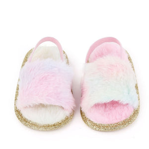 Infant Baby Girls Warm Fuzzy Unicorn Slipper Plush Sandals Soft Sole Faux Fur Flats Toddler Prewalker Slipper Elastic Back Strap