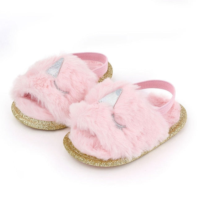 Infant Baby Girls Warm Fuzzy Unicorn Slipper Plush Sandals Soft Sole Faux Fur Flats Toddler Prewalker Slipper Elastic Back Strap