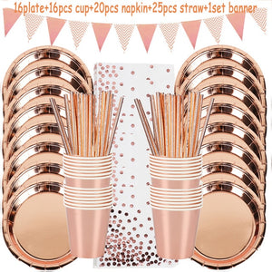 Rose Gold Disposable Tableware Set Plates Cups Napkins Adult Happy Birthday Party Decoration Kids Wedding Birthday Supplies