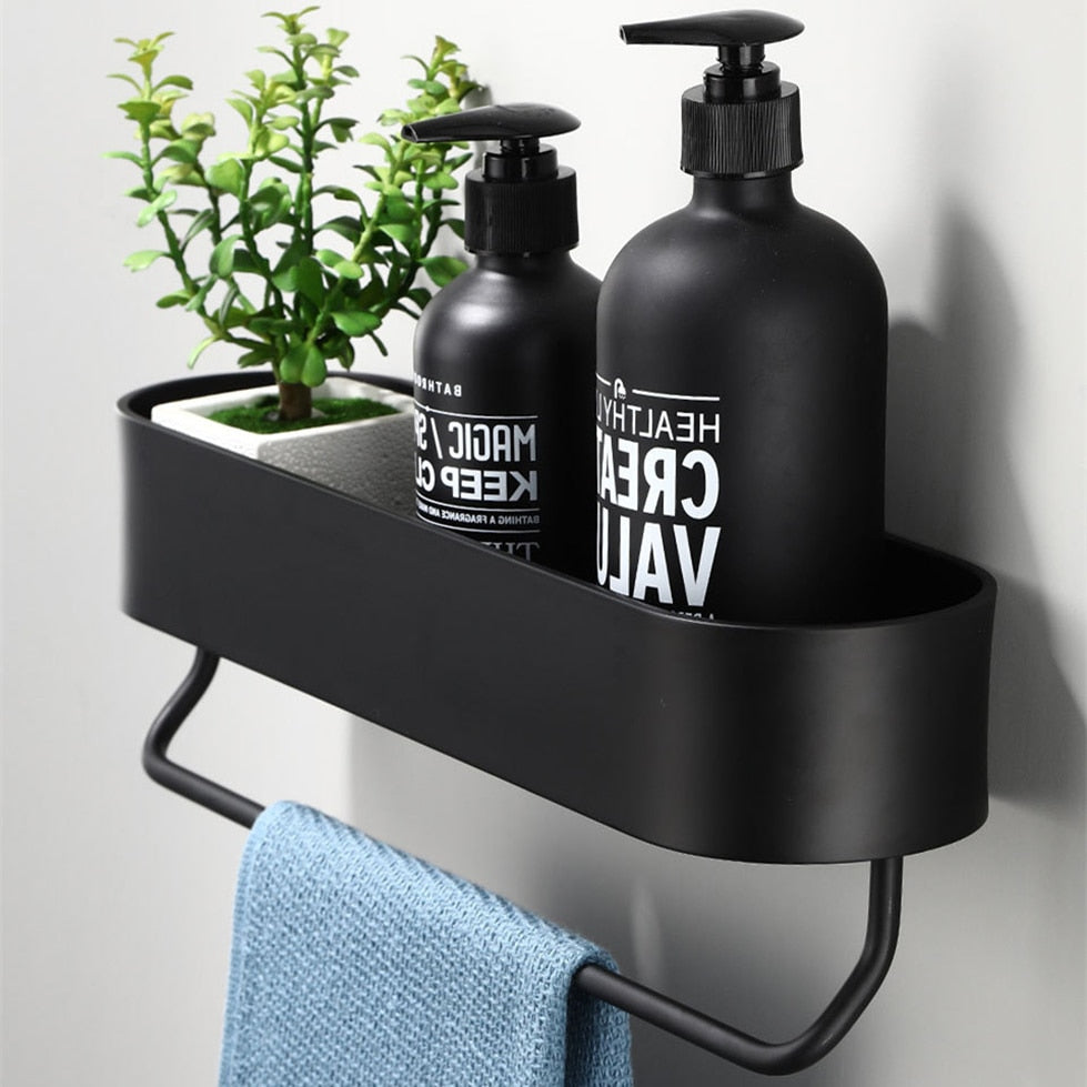 Bathroom Shelf Rack Kitchen Wall Shelves Bath Towel Holder Black Shower Storage Basket Kitchen Organizer Bathroom Accessories