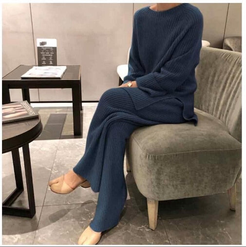2020 New Fashion Winter Women's Thicken Warm Knitted Pullover Sweater Two-Piece Suits +High Waist Loose Wide Leg Pants Set