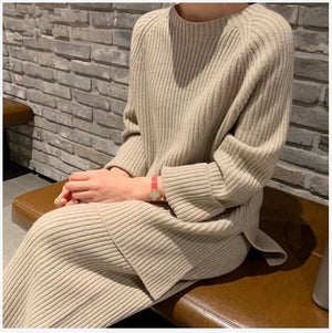 2020 New Fashion Winter Women's Thicken Warm Knitted Pullover Sweater Two-Piece Suits +High Waist Loose Wide Leg Pants Set
