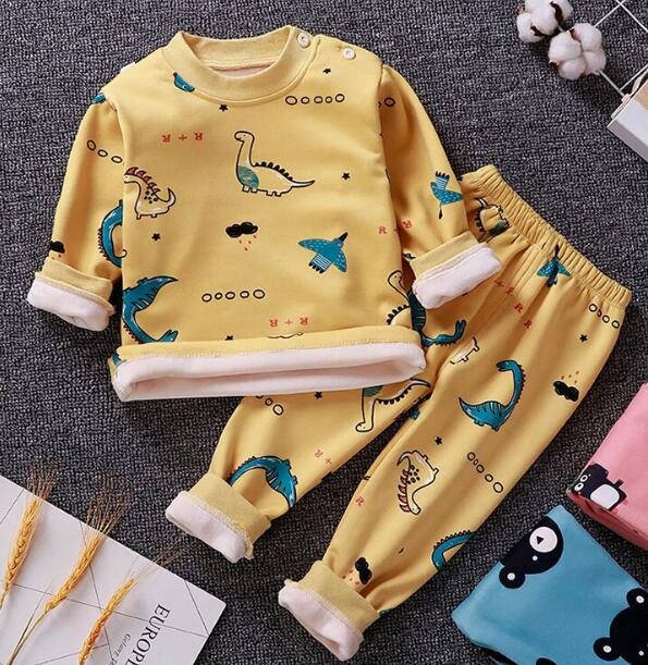 2020 2pcs Baby Boy Girls Underwear Set Plus Velvet Thickening Pajamas Thermal Underwear Winter Boy Cartoon Clothing Suit BB0