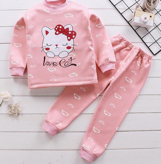 2020 2pcs Baby Boy Girls Underwear Set Plus Velvet Thickening Pajamas Thermal Underwear Winter Boy Cartoon Clothing Suit BB0