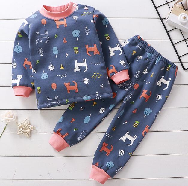 2020 2pcs Baby Boy Girls Underwear Set Plus Velvet Thickening Pajamas Thermal Underwear Winter Boy Cartoon Clothing Suit BB0