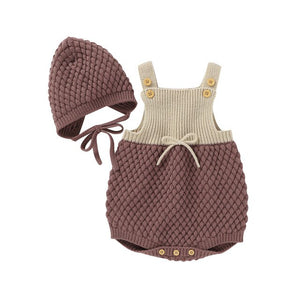 Infant Knitted Romper Set Baby Boy Girl Summer Autumn Simple Color Matching Sleeveless Suspender Jumpsuit + Solid Color Hat Kit