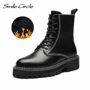 Smile Circle Ankle Boots Women Flats Platform shoes Fashion Round toe Lace-up Comfortable Casual Short Boots Ladies