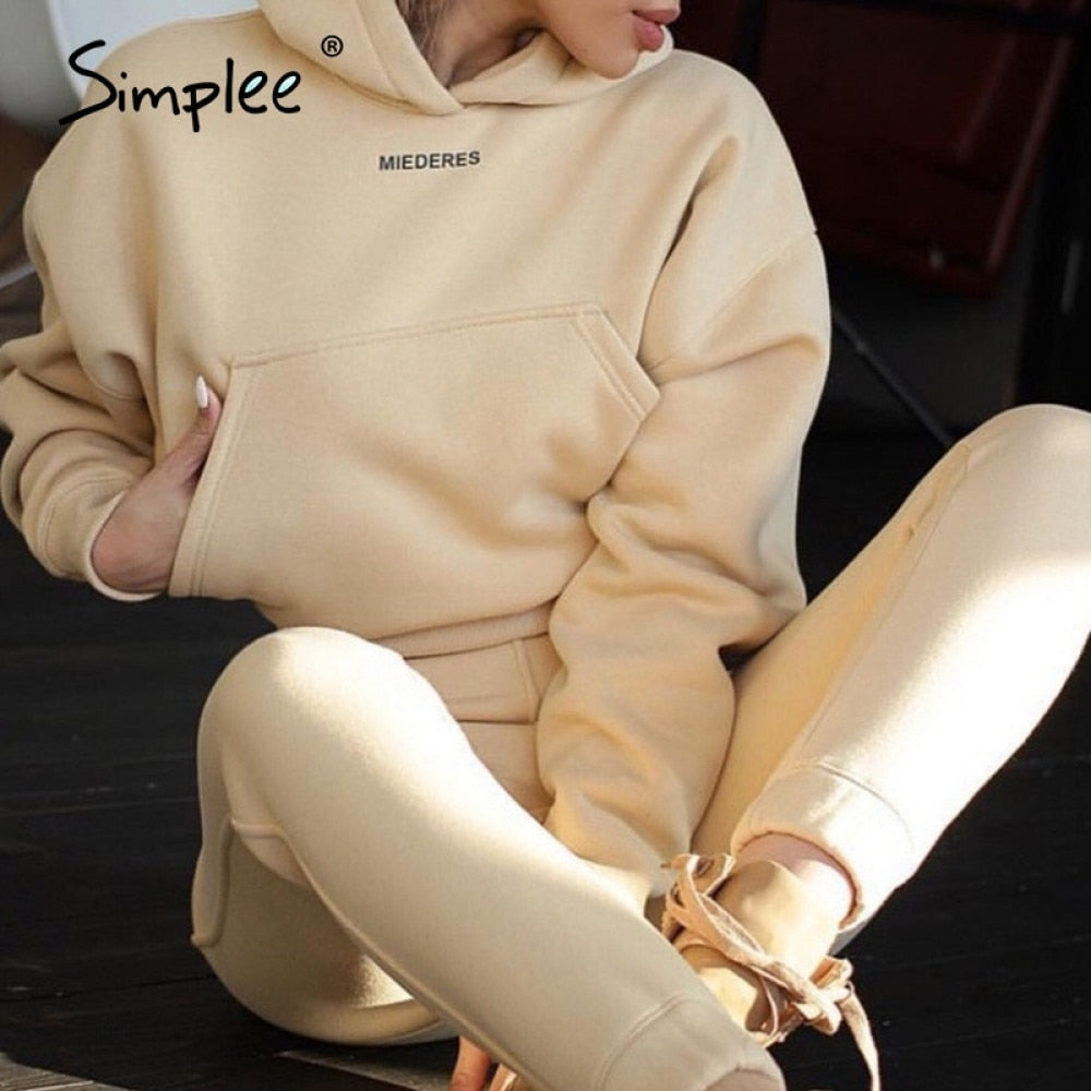 Simplee Leisure long sleeve suit Women's home set hooded loose Street style women's two piece Jogging sets autumn winter 2020