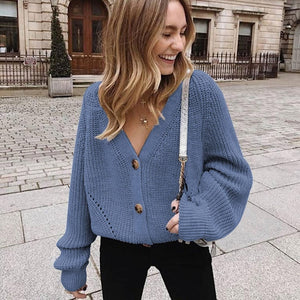 Zoki Women Knitted Cardigans Sweater Fashion Autumn Long Sleeve Loose Coat Casual Button Thick V Neck Solid Female Tops 2020