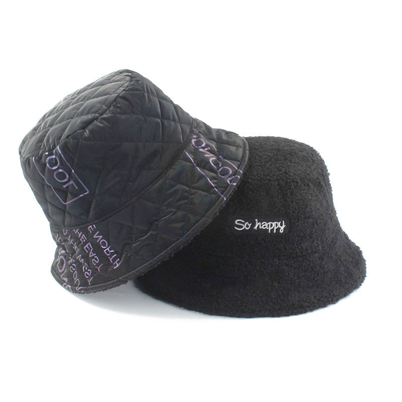 New Winter Faux Fur Black Bucket Hat For Women Reversible Letters Bucket Cap Panama Outdoor Warm Velvet Inside Fisherman Hat