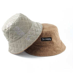 New Winter Faux Fur Black Bucket Hat For Women Reversible Letters Bucket Cap Panama Outdoor Warm Velvet Inside Fisherman Hat