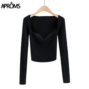 Aproms Sexy Square Neck Ribbed Knitted Sweater Women Casual Long Sleeve High Stretch Pullovers Streetwear White Soft Basic Top