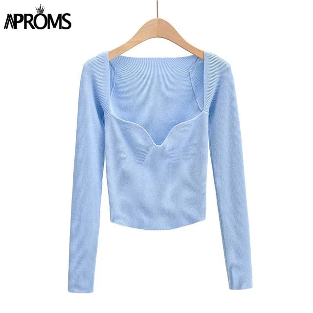 Aproms Sexy Square Neck Ribbed Knitted Sweater Women Casual Long Sleeve High Stretch Pullovers Streetwear White Soft Basic Top
