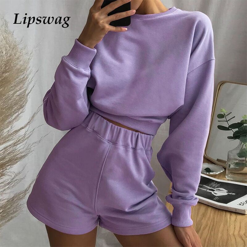 Spring Autumn Solid Elegant Women Two Piece Set Fashion Loose Long Sleeve Sweatshirt And Short Pant Suit Female Casual Tracksuit