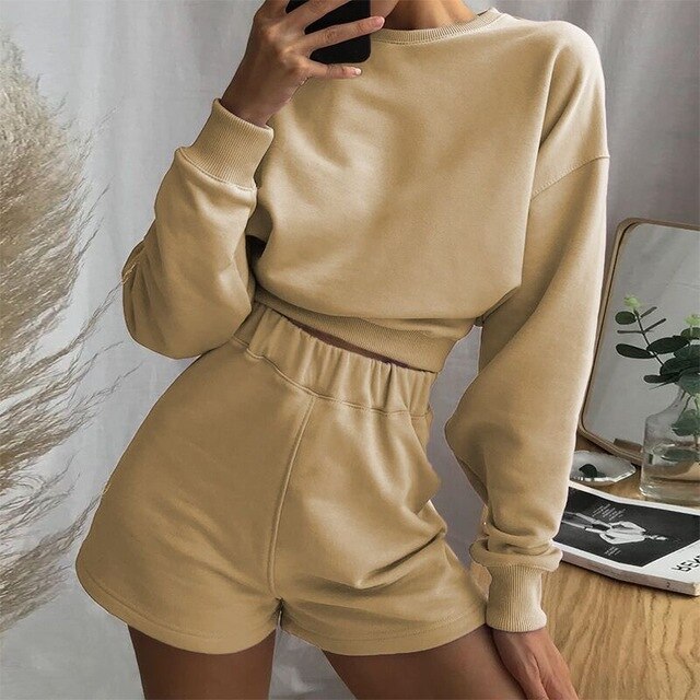 Spring Autumn Solid Elegant Women Two Piece Set Fashion Loose Long Sleeve Sweatshirt And Short Pant Suit Female Casual Tracksuit