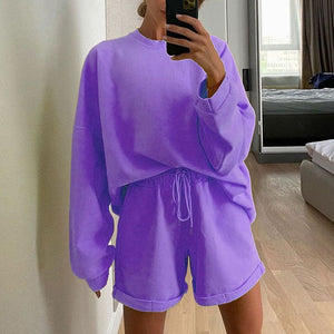 Spring Autumn Solid Elegant Women Two Piece Set Fashion Loose Long Sleeve Sweatshirt And Short Pant Suit Female Casual Tracksuit