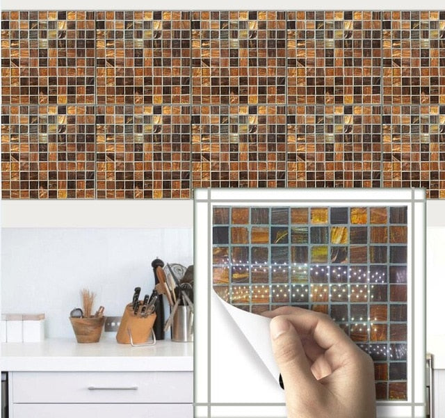 Funlife 10 PCS Flat Mosaic Tile Wall Sticker Waterproof Backsplash For Kitchen,Self Adhesive Bathroom Wall Sticker Decor Fake 3D