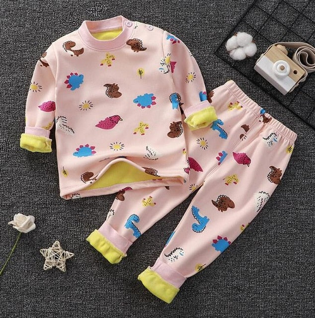 2020 2pcs Baby Boy Girls Underwear Set Plus Velvet Thickening Pajamas Thermal Underwear Winter Boy Cartoon Clothing Suit BB0