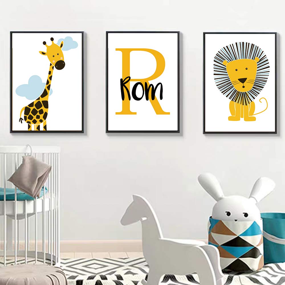 Giraffe Lion Baby Animal Poster Boy's Custom Name Canvas Print Nursery Wall Art Paintings Nordic Baby Room Picture Wall Decor