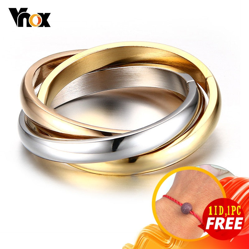 Vnox Classic 3 Rounds Ring Sets Women Stainless Steel Wedding Engagement Female Finger Jewelry