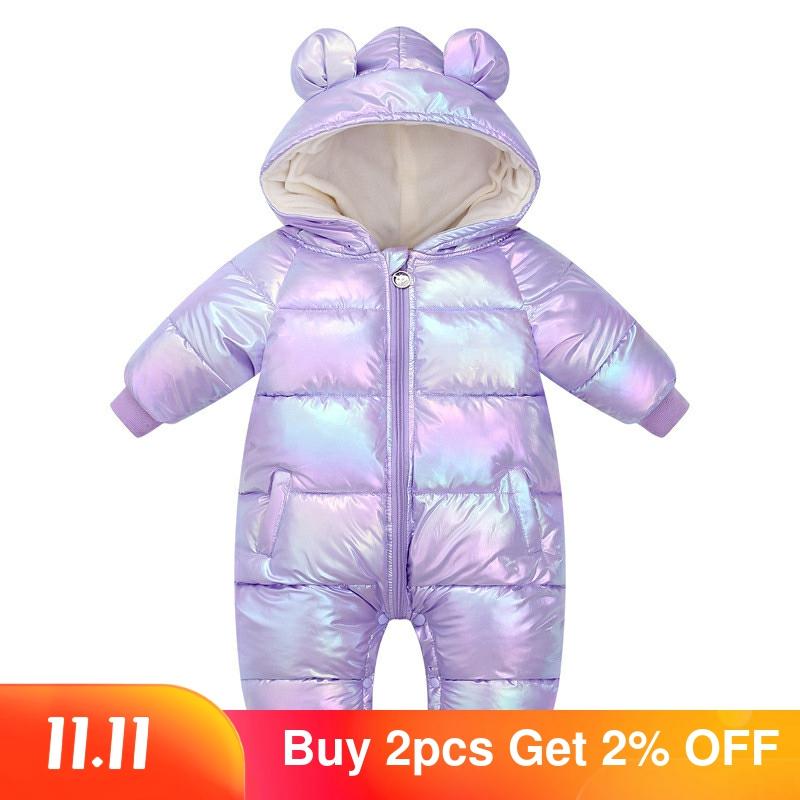 New Plus Velvet Jumpsuits Baby Winter Rompers Cartoon Hooded Shiny Waterproof Newborn Girls Snowsuit Toddler Boys Coat clothes