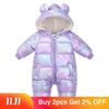 New Plus Velvet Jumpsuits Baby Winter Rompers Cartoon Hooded Shiny Waterproof Newborn Girls Snowsuit Toddler Boys Coat clothes