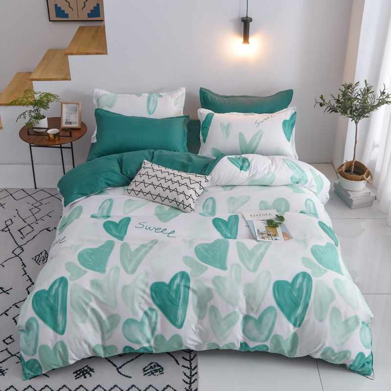 Soft Bedding Set with Heart Romantic Flower Fruit Twin Queen Flat Sheet Duvet Quilt Cover Pillowcase Cotton Ployester Adult Kids