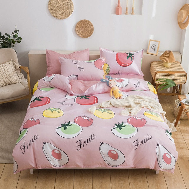 Soft Bedding Set with Heart Romantic Flower Fruit Twin Queen Flat Sheet Duvet Quilt Cover Pillowcase Cotton Ployester Adult Kids