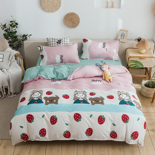 Soft Bedding Set with Heart Romantic Flower Fruit Twin Queen Flat Sheet Duvet Quilt Cover Pillowcase Cotton Ployester Adult Kids