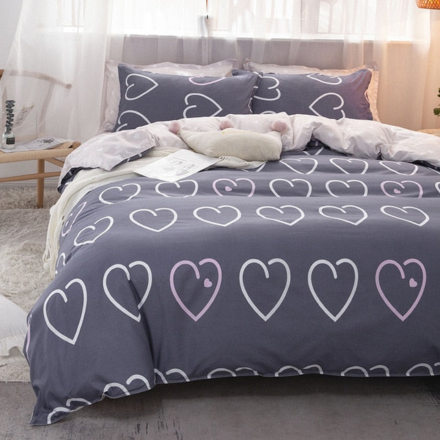 Soft Bedding Set with Heart Romantic Flower Fruit Twin Queen Flat Sheet Duvet Quilt Cover Pillowcase Cotton Ployester Adult Kids