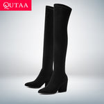 QUTAA 2020 Women Over The Knee High Boots Wedges Heels Winter Shoes Pointed Toe Sexy Elastic Fabric  Women Boots Size 34-43